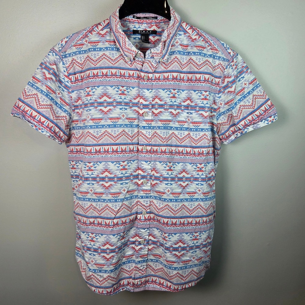 21 Men Button Down Shirt Mens Large Red Blue Aztec Tribal Print Cotton